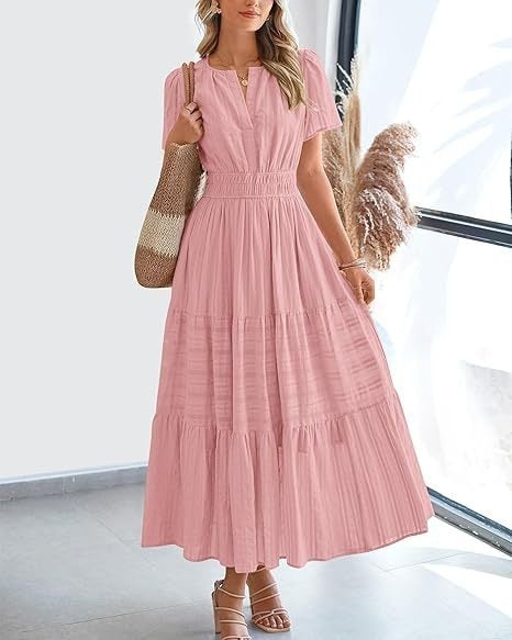 Spring Summer New Arrival Women's Dress, Fashion V-Neck Ruched Puff Sleeve Tiered Swing Dress