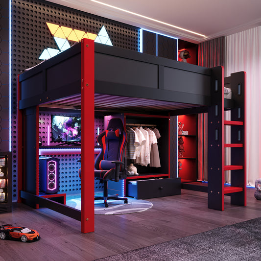 Loft Bed, 140x200 Cm, With LED Lighting, Gaming Bed With Desk, Desk, Ladder, Wardrobe, Large Drawers, Mattress Not Included, Black  Red