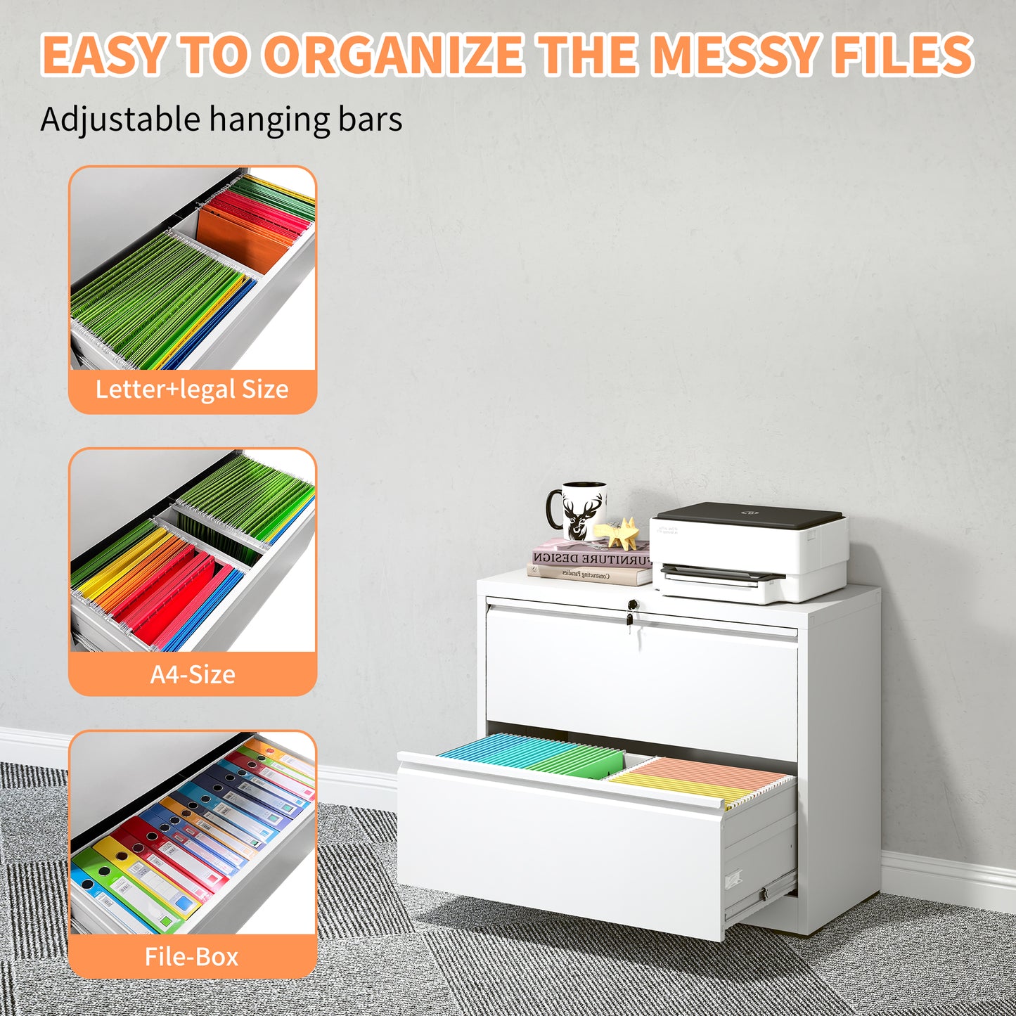 Lateral File Cabinet 2 Drawer, White Filing Cabinet With Lock, Lockable File Cabinet For Home Office, Locking Metal File Cabinet For Legal Letter A4 F4 Size