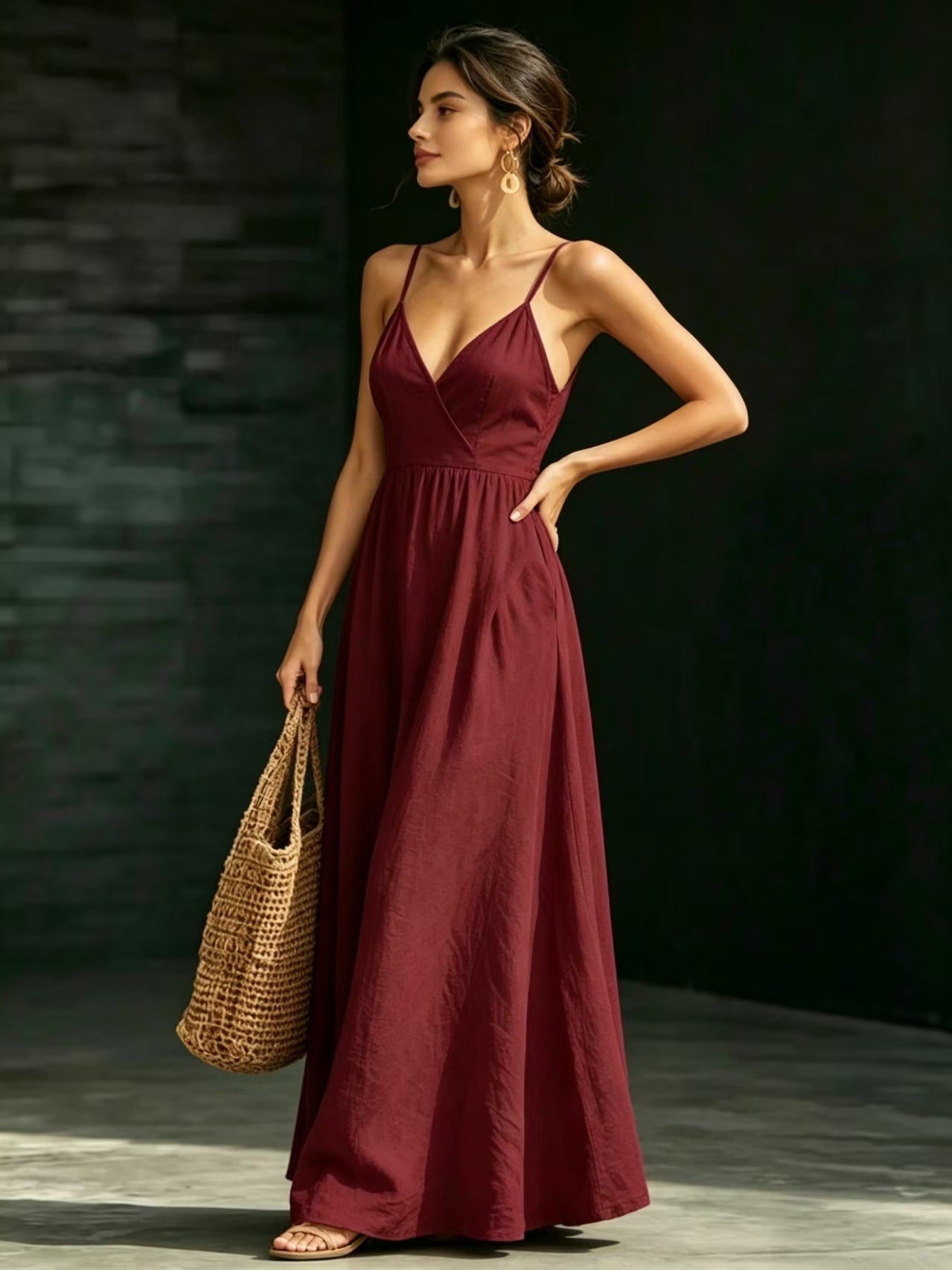 Summer V-Neck Spaghetti Strap Maxi Dress With Pockets - Elegant Vacation & Office Wear For Women