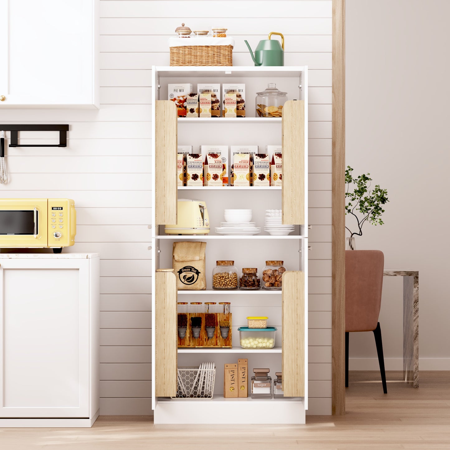 Kitchen Pantry Cabinet, White Tall Cabinet Glossy, 4-door Pantry Cabinet In Refrigerator Design, Height-adjustable Shelves, Large Kitchen Cabinet With Metal Handles, 76x42x180cm