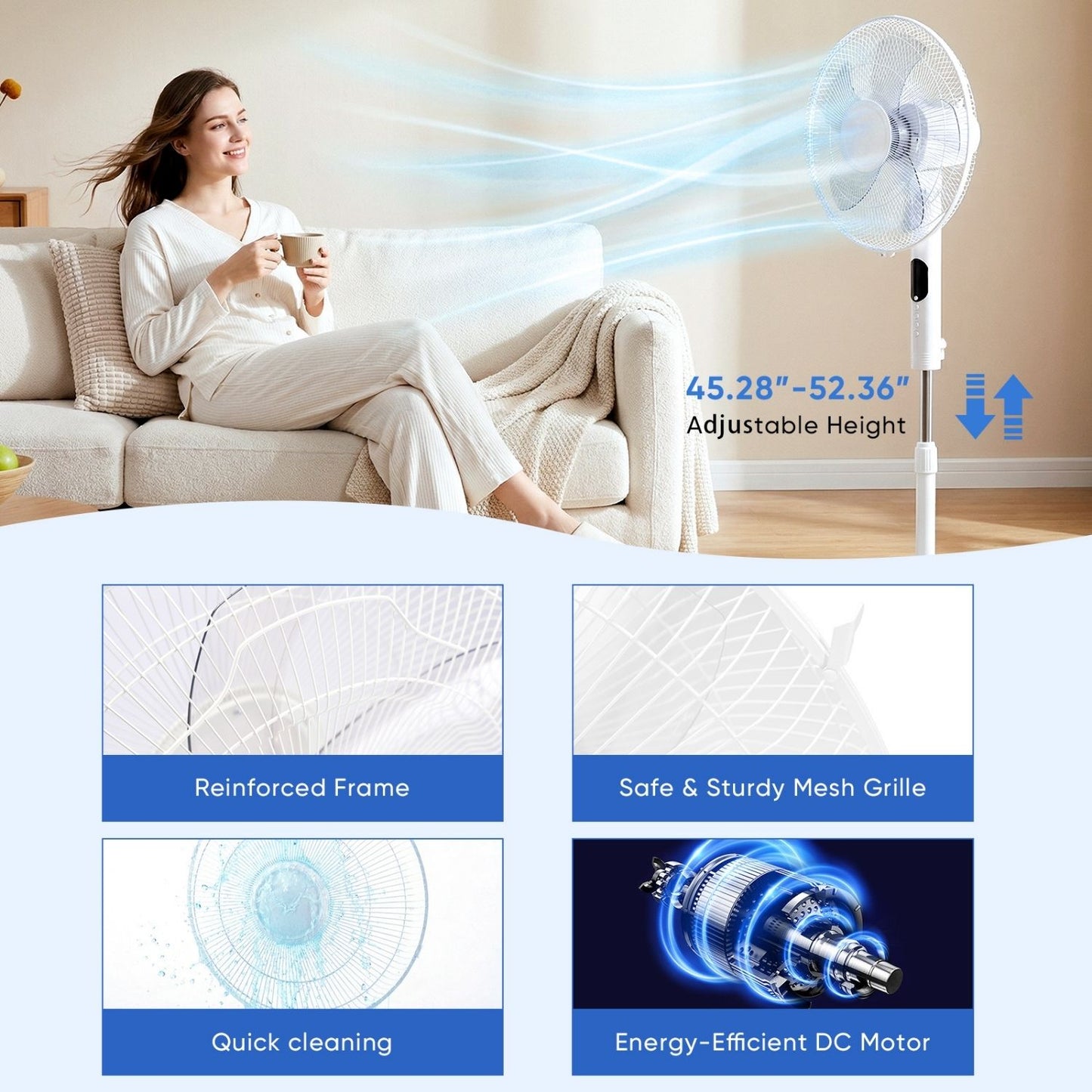 Remote Control Quiet Standing Fan, Oscillating Pedestal Fan With Adjustable Height, Timer And Multiple Modes For Bedroom Office
