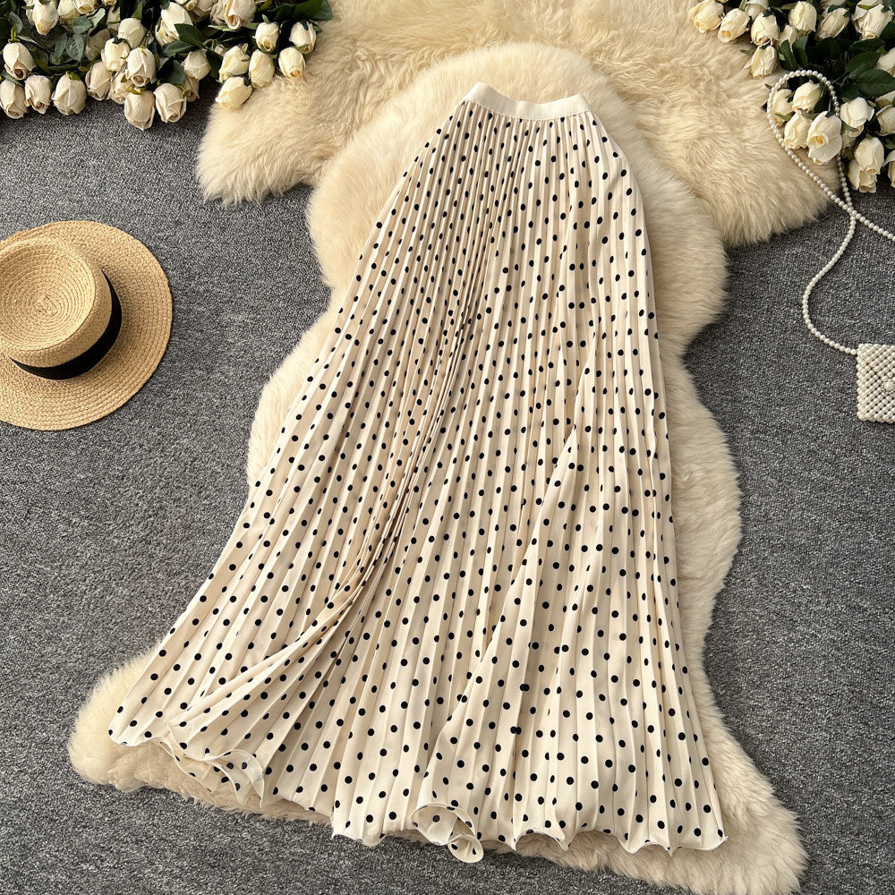 Korean-style Mid-length Polka-dot Pleated Skirt Elegant Midi Skirt