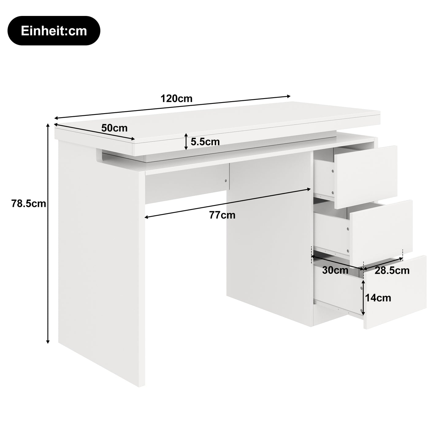 Modern LED Desk 120x50x78.5 Cm  Computer Desk With Three Drawers, Extended And Widened Work Surface, Reinforced Legs, Adjustable LED Lighting, Suitable For Home Office