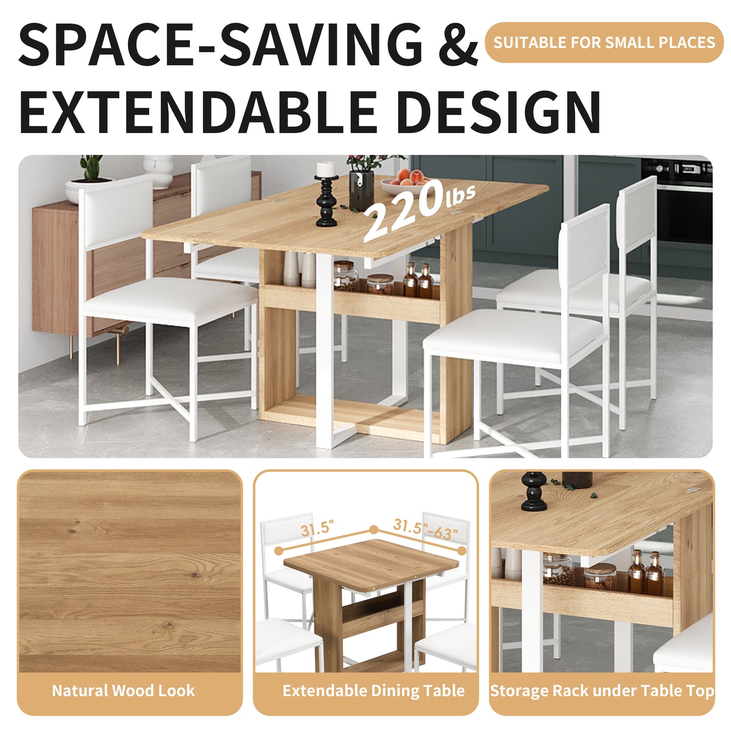 TOPMAX Modern Compact 63inch 5-Piece Extendable Dining Table Set, Foldable Square Kitchen Table Set With Storage Rack And 4 PU Leather Upholstered Dining Chairs For Small Places, White
