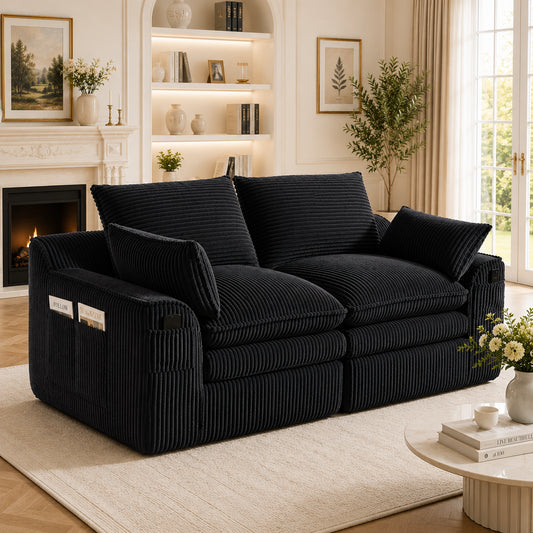 Modular 2-seater Corduroy Sofa  With Cushions And Two Different Sized Side Pockets, 3-layer Foam  Spring Core For Quick Rebound. Ideal For Living Room, Office And More. Black