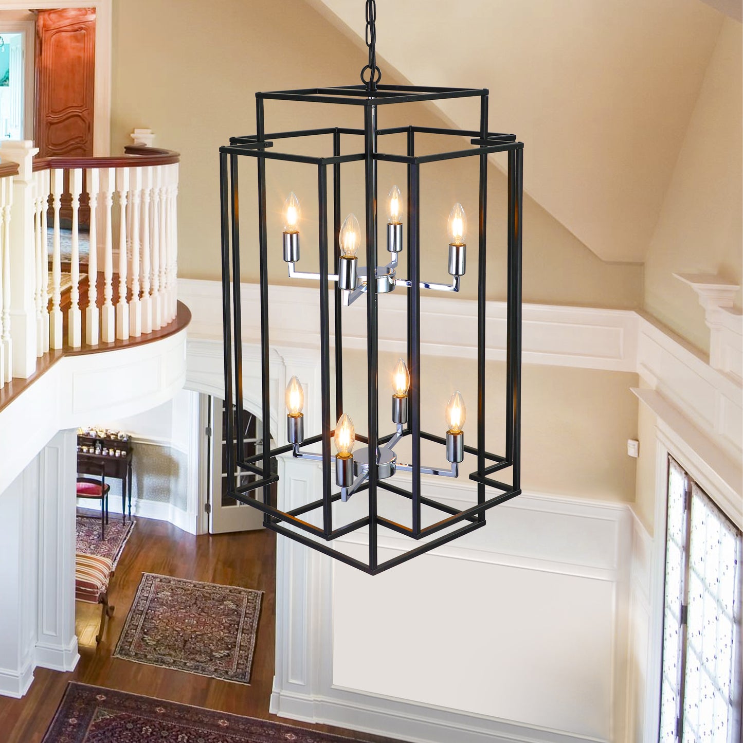18 Modern 8-Light Black & Chrome Geometric Pendant Chandelier, Industrial Metal Frame, Adjustable Hanging Light For Living Room, Dining Room, Kitchen No Bulbs