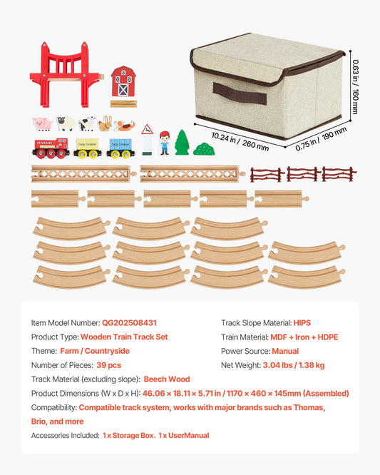 Wooden Train Set, 39PCS, Wood Train Track With Magnetic Trains And Railway Accessories, Compatible With Major Brands, Small Town, Christmas Birthday Toy For Kids Toddlers Ages 3-8 Boys And Girls