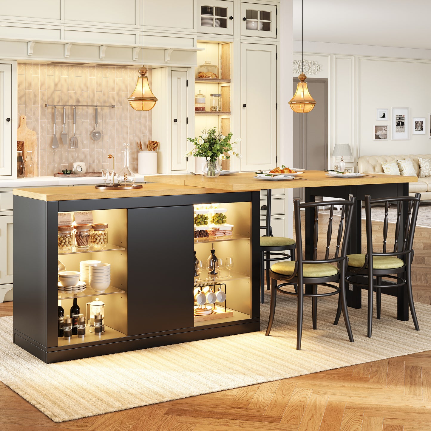 Extendable Sideboard With LED Lights, 120-197 Cm Adjustable Dining Table With Storage, Kitchen Cabinet With Glass Shelves & Snack Rack, White Black