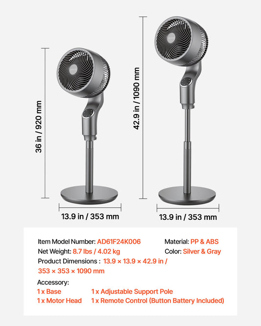 9-Inch Pedestal Fan, 80° Oscillating Standing Floor Fan With Quite DC Motor, Remote Control, 9 Speeds & 4 Smart Modes, 24H Timer, Adjustable Height, For Home, Bedroom, Living Room, Silver Gray