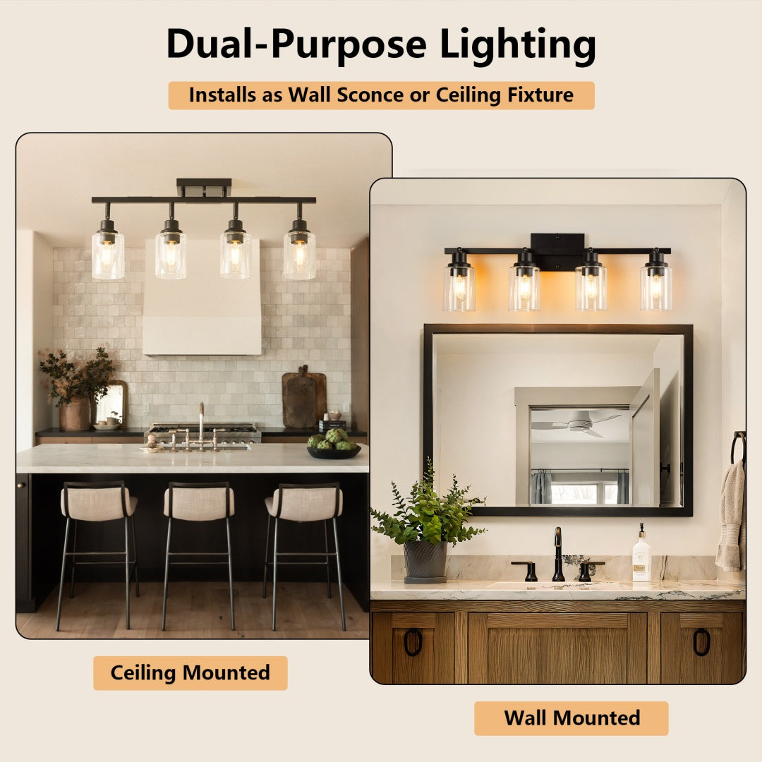 4-Lights Track Lighting Fixtures Ceiling With Clear Glass Shades, Modern Black Semi Flush Mount Ceiling Light, Rotatable Wall Mount Ceiling Lamp For Kitchen Hallway Bedroom Bulb Not Included