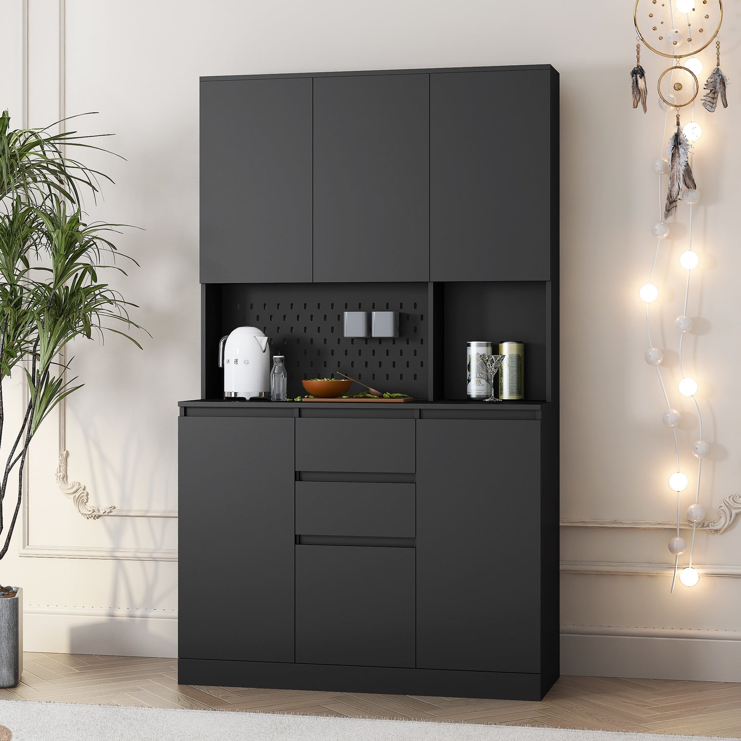 74  Freestanding Kitchen Pantry Cabinet Cupboard With 6 Doors,3 Shelves And 2 Drawer,Versatile Wardrobe & Kitchen Cabinet,Craft Storage Cabinet,Laundry Room Storage For  Kitchen Black