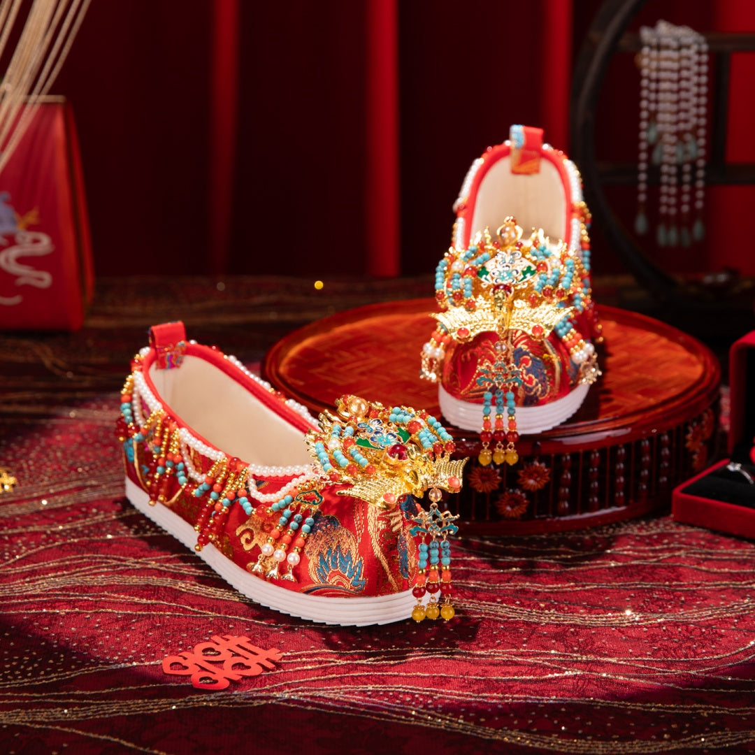 Handmade Original Chinese-Style M Ing Dynasty Wedding Shoes For Women, Red Beaded Xiuhe Bride Shoes, Premium Traditional Chinese Wedding Shoes