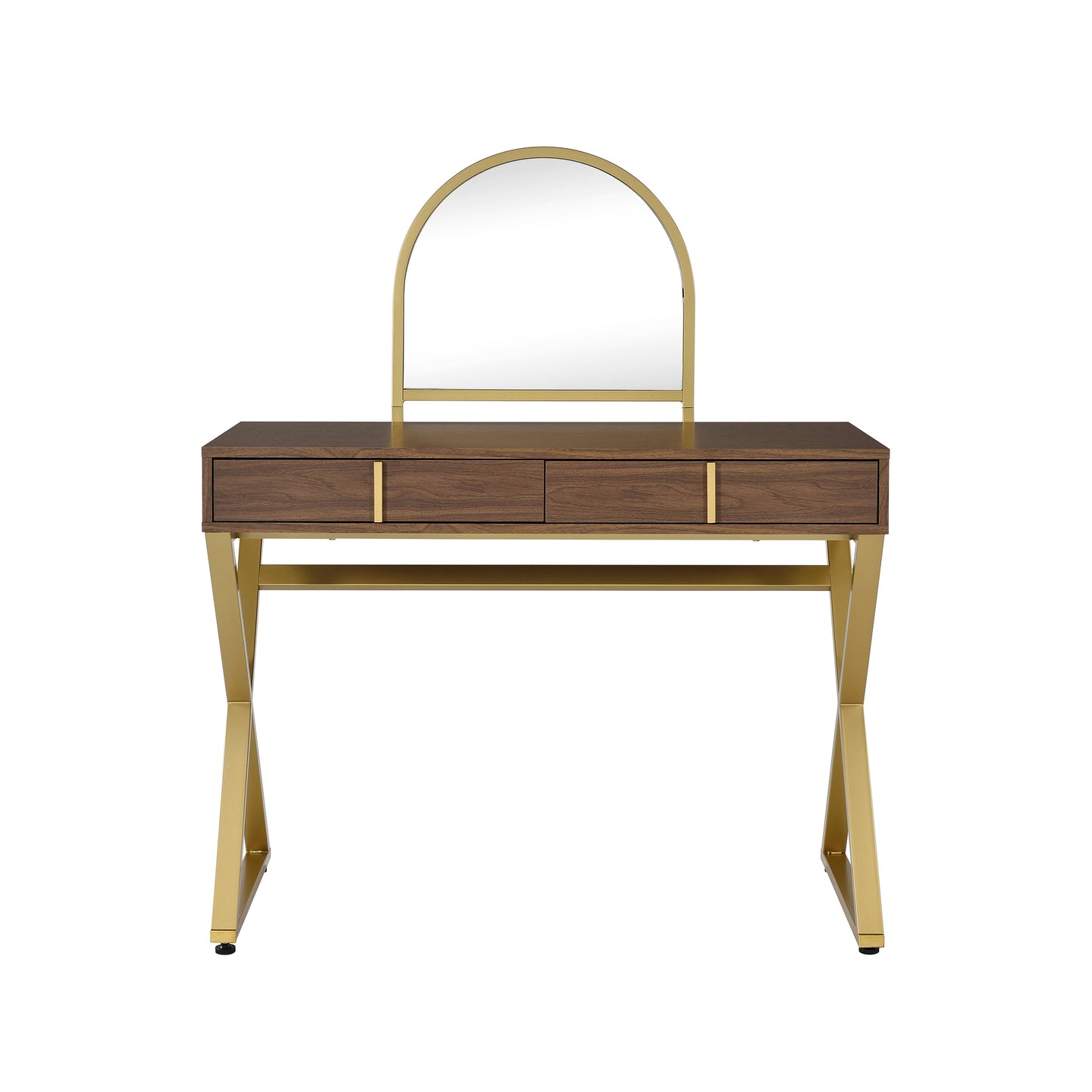 Coleen Walnut & Gold Finish Vanity Desk W Mirror & Jewelry Tray