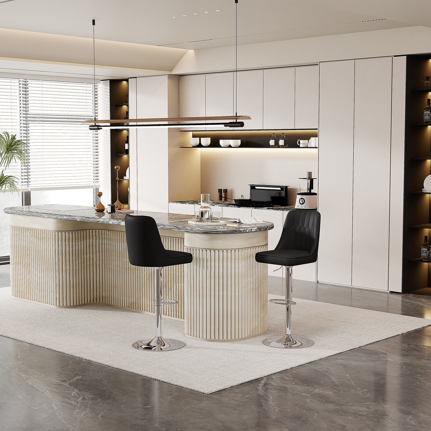 Height-adjustable Bar Stool In Set Of 2, 360 Swivel, Backrest With Black PU Leather And Quilted Pattern, Legs Made Of Silver Metal. Suitable For Kitchen Islands And Bar Counters.