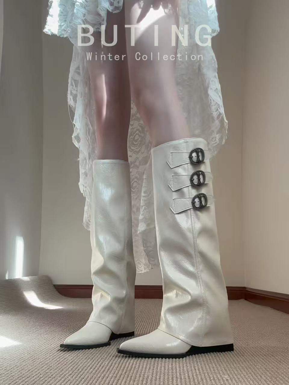 French Pointed Toe Inner Height Knight Boots, Strap Long Shaft Boots, Wedge Pull-On Pants Boots, Autumn Winter Ultra High Heel Over-the-Knee Fashion Boots