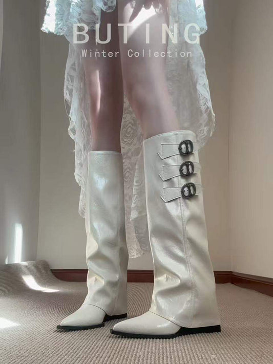 French Pointed Toe Inner Height Knight Boots, Strap Long Shaft Boots, Wedge Pull-On Pants Boots, Autumn Winter Ultra High Heel Over-the-Knee Fashion Boots