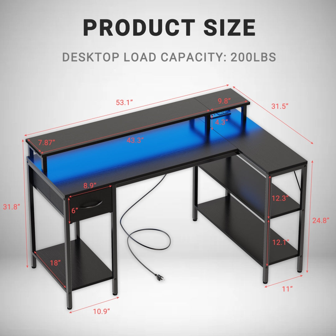 53-inch Gaming Table With USB Charging Port And LED Light, Reversible L-shaped Table With Power Socket And Monitor Stand