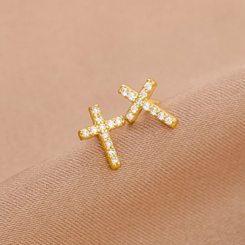 Womens Fashion Zircon-Encrusted Fully Diamond-Set Cross Stud Earrings