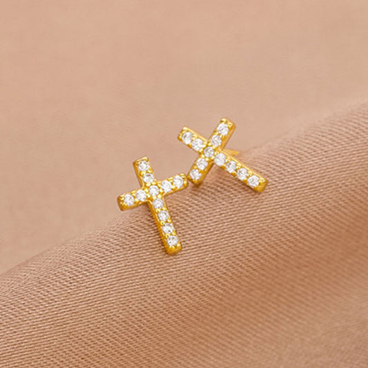 Womens Fashion Zircon-Encrusted Fully Diamond-Set Cross Stud Earrings