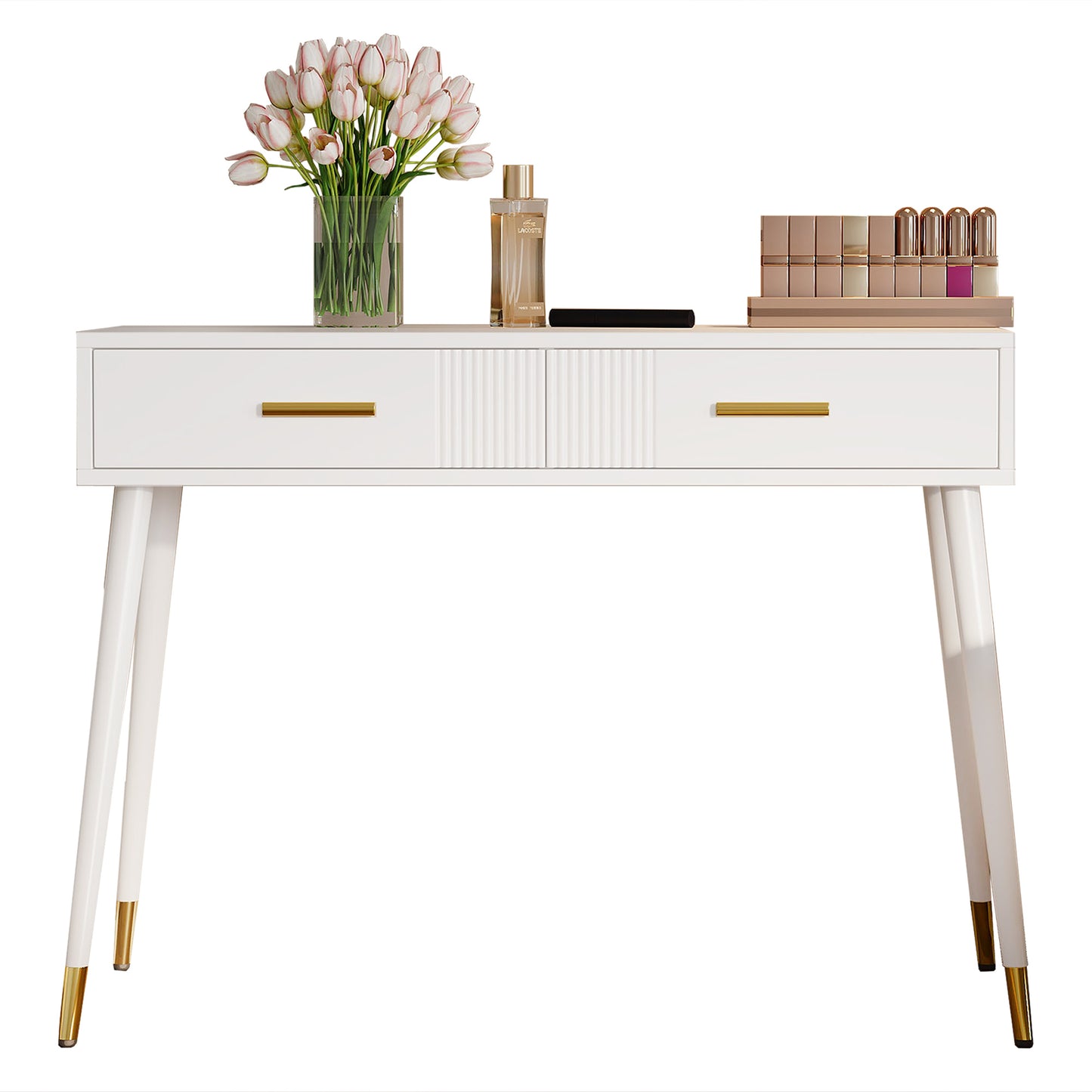 Dressing Table, Dressing Table, Desk With 2 Drawers, Metal Feet, White, Dimensions H 76 Cm XW 1 0 0 Cm XD 40 Cm Without Mirror