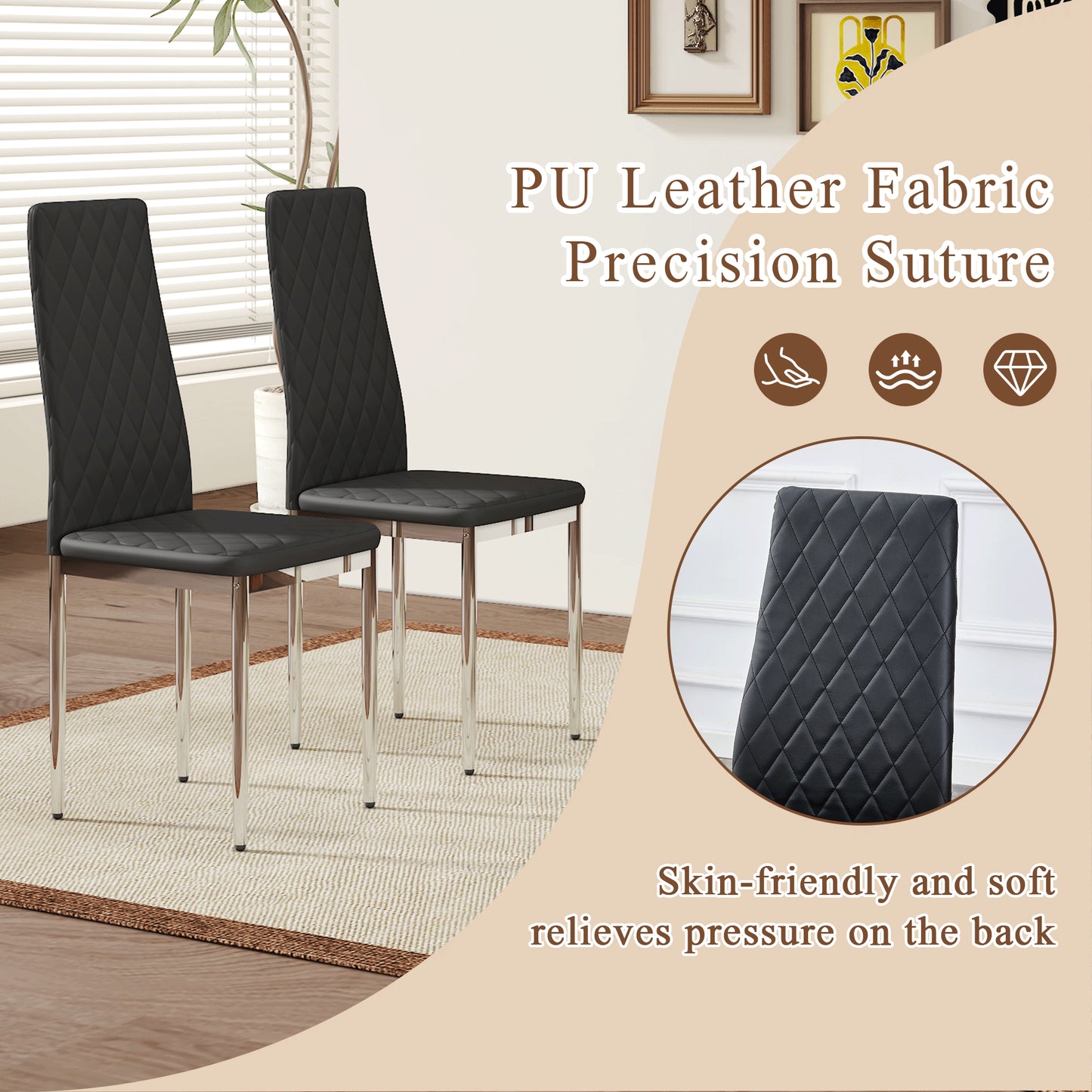 Modern Style Dining Chairs Set Of 6 In Black, Essential For Minimalist Homes.Meeting Family Dining Needs,PU Material Seat,Silver Metal Legs,Blending Into Various Home Environments.W1151107275