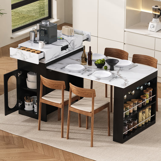 VIDEO  TREXM Extendable Dining Table With Folding Tabletop  Bar Table With Drawers And Power Outlet  Kitchen Island With Wheels And Hooks  Sideboard For Kitchen And Dining Room  Black Marble White
