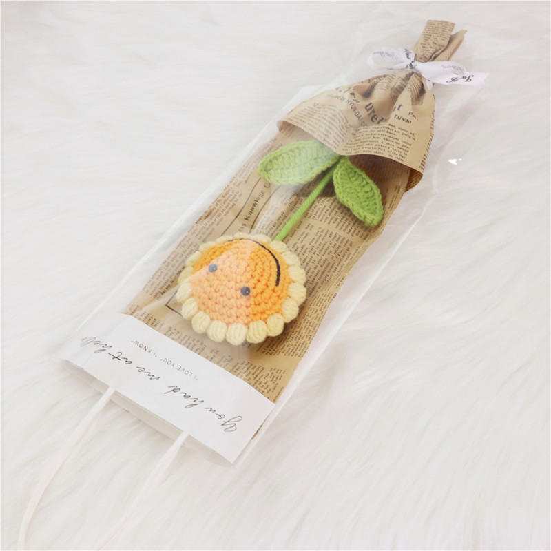 Handmade Crochet Smiley Sunflower Single Flower Bouquet, Knitted Everlasting Yarn Artificial Flower With Gift Packaging Bag, Cute Forever Floral Gift For Teacher's Day, Birthday, Graduation & Home Tab