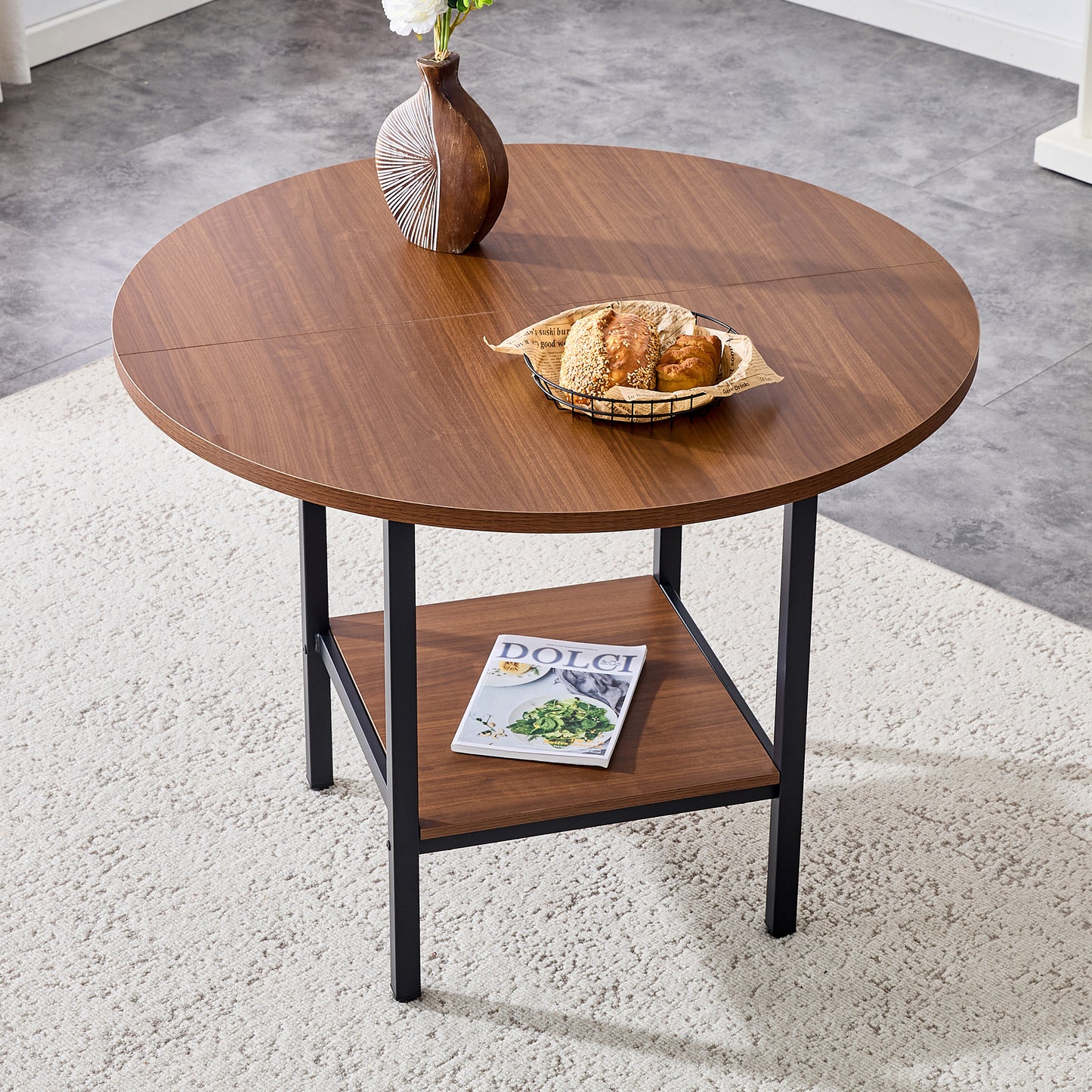 Modern Round Dining Table With Storage Shelf, Walnut Wood Grain & Metal Frame, 100cm Diameter, 4-6 People, Ideal For Kitchen, Dining Room & Small Rooms