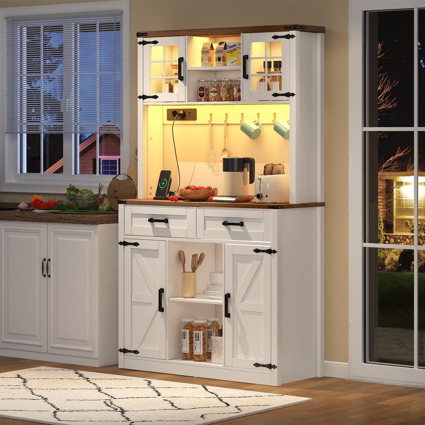 Bar Cabinet With LED Lighting And Sockets, Large Kitchen Buffet Cabinet With 2 Large Drawers, Barn Door Design, Adjustable Shelves, Rustic Coffee Bar Sideboard Table, White