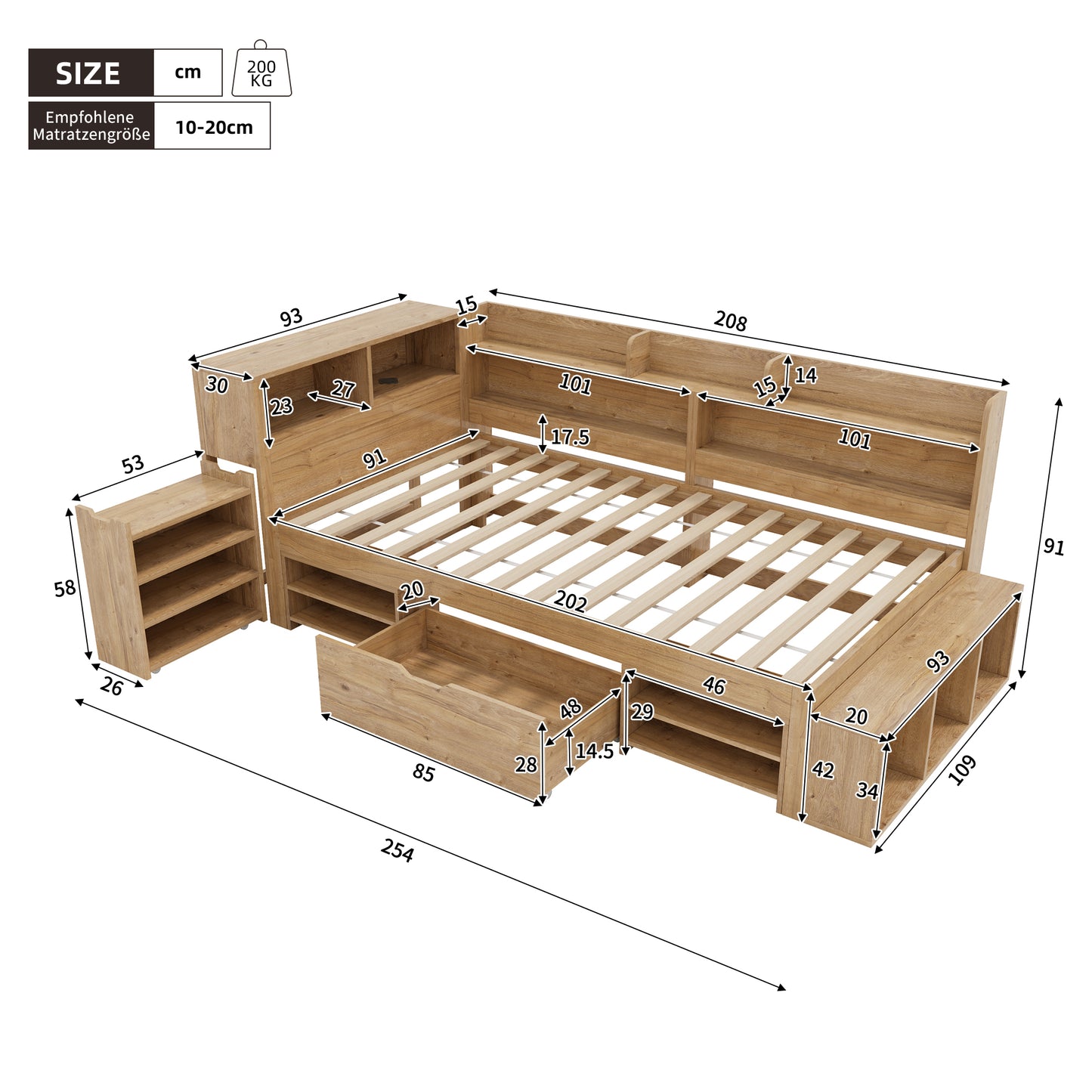 Children's Bed, Storage Bed, 90 X 200 Cm, Single Bed, Multifunctional Children's Bed With Bedside Tables, Shelves And Storage Cupboards, With Wireless Charging, Without Mattress, Natural