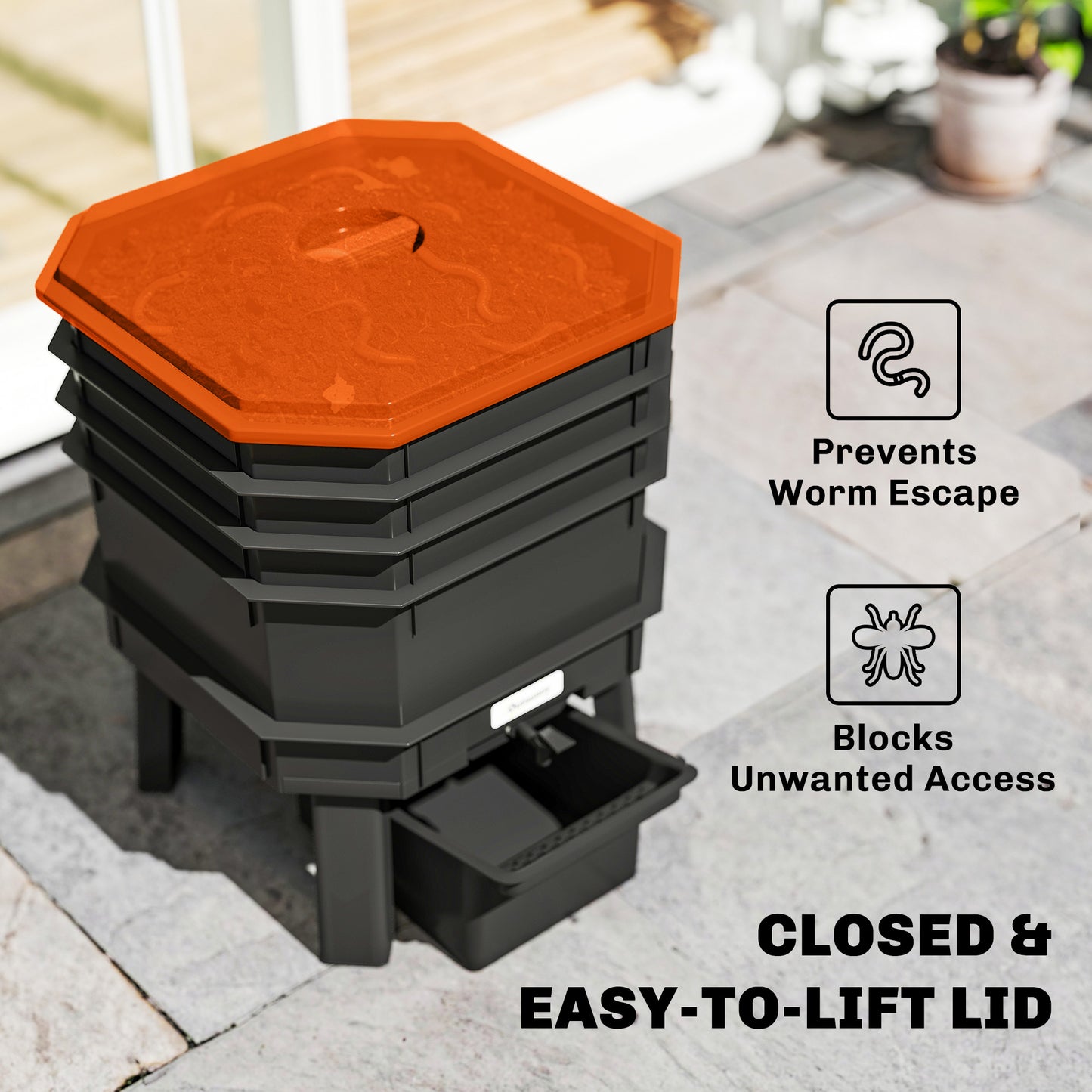 4-Tray Worm Composter Bin, 7.4 Gal Outdoor & Indoor Worm Composter for Recycling Food Waste, Orange