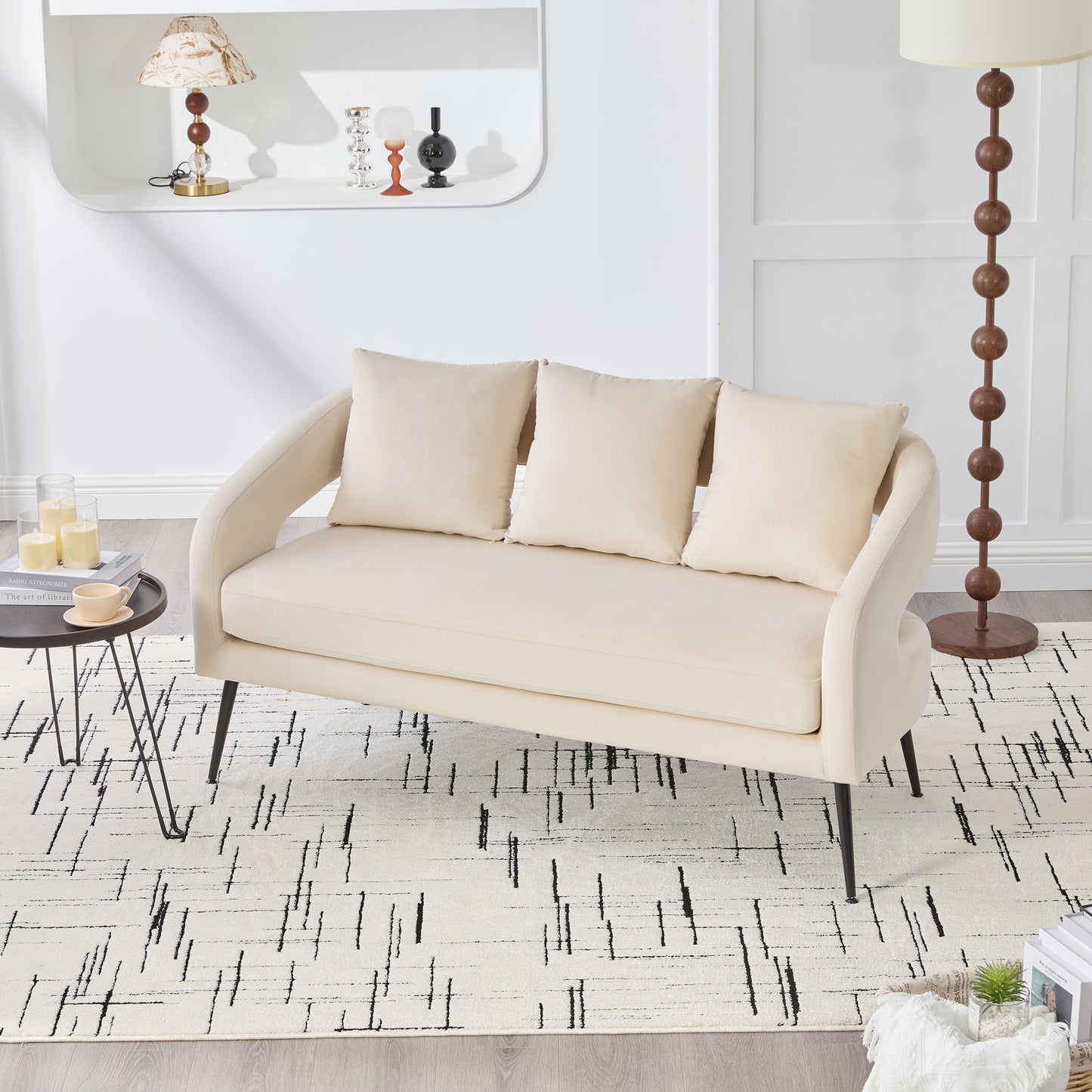 53.7 Modern Upholstered Velvet Open Back Loveseat Settee With 3 Pillows, Small Comfy Sofa 2-Seater Mini Sofa For Small Space With Metal Legs, Living Room Bedroom Office Dorm Studio Apartment, Beige