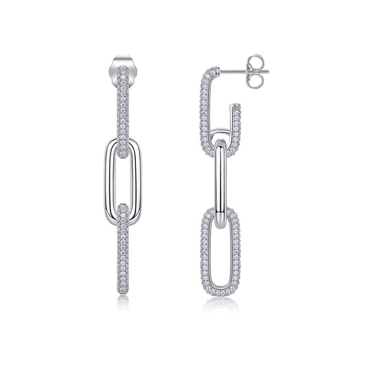 S925 Sterling Silver Chunky Chain Drop Earrings, D-VVS1 Moissanite Pave, Platinum Plated 9.2g Women's Jewelry Gift Box