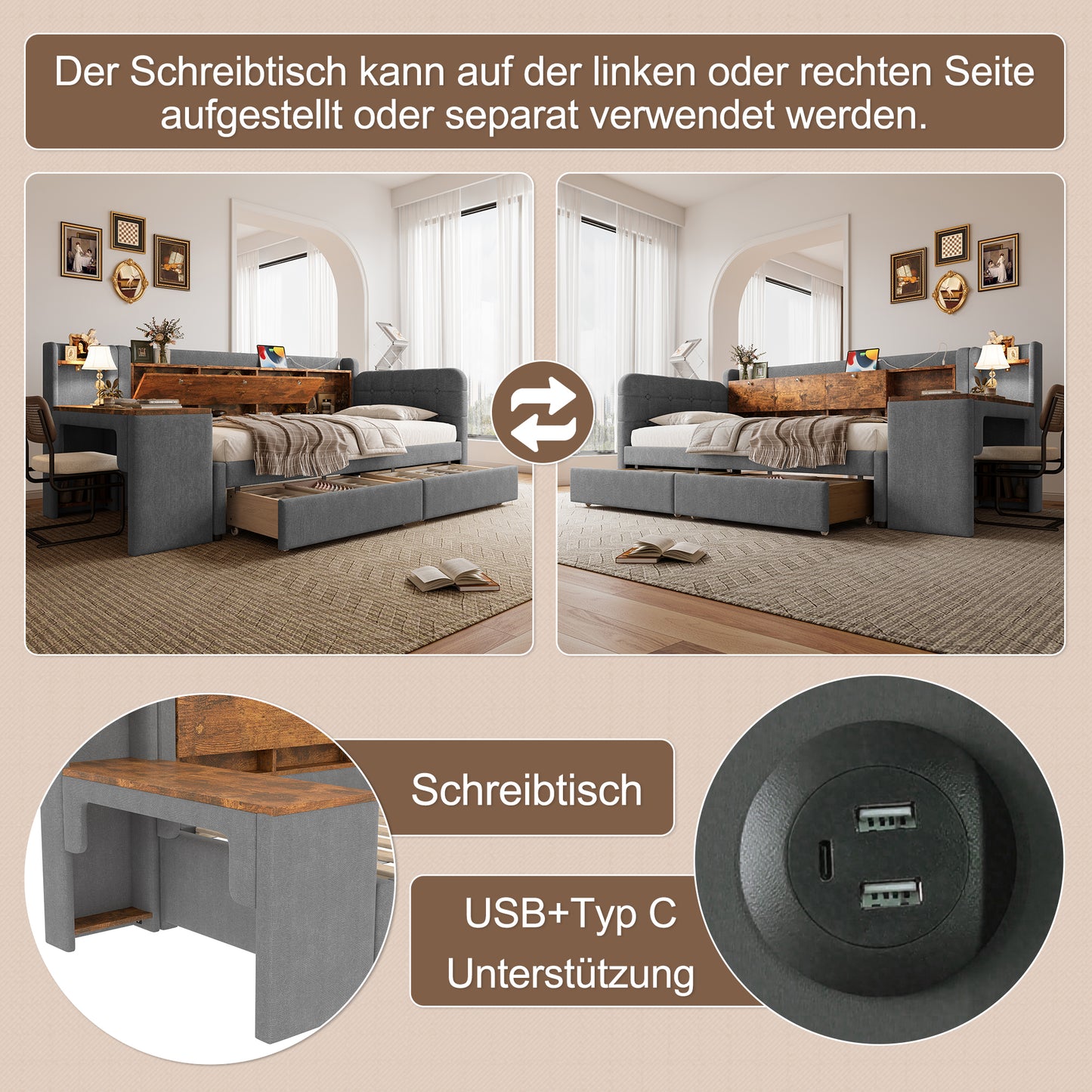 Daybed Daybed, Sofa Bed, With 2 Drawers, Desk, USB  Type C, Flip-top Storage Compartment, Storage Compartment, Bed With Slatted Base Without Mattress, Linen, Grey