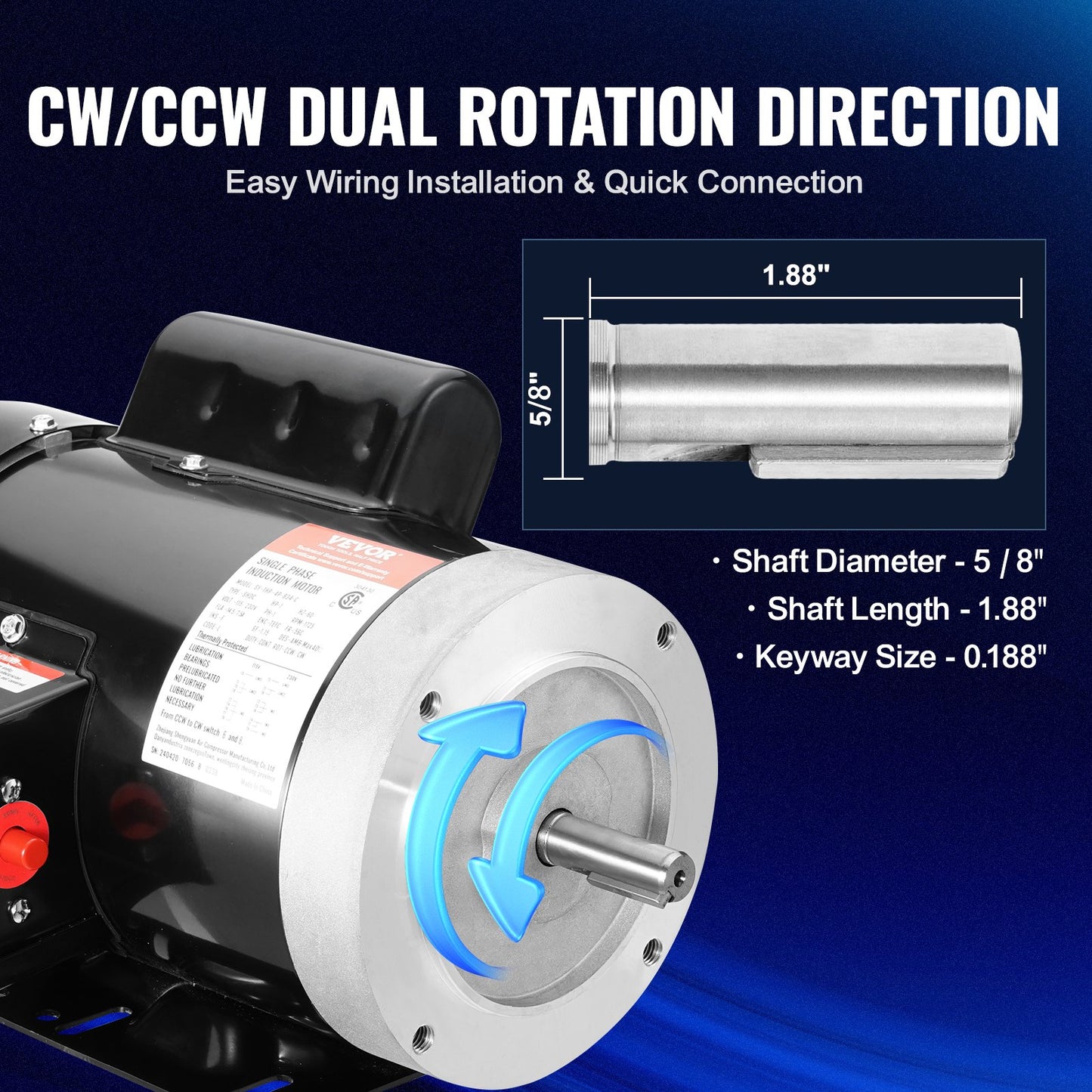 1HP Electric Motor 1725 Rpm, AC 115V/230V, 56C Frame, Air Compressor Motor Single Phase, 5/8' Keyed Shaft, CW/CCW Rotation For Agricultural Machinery And General Equipment