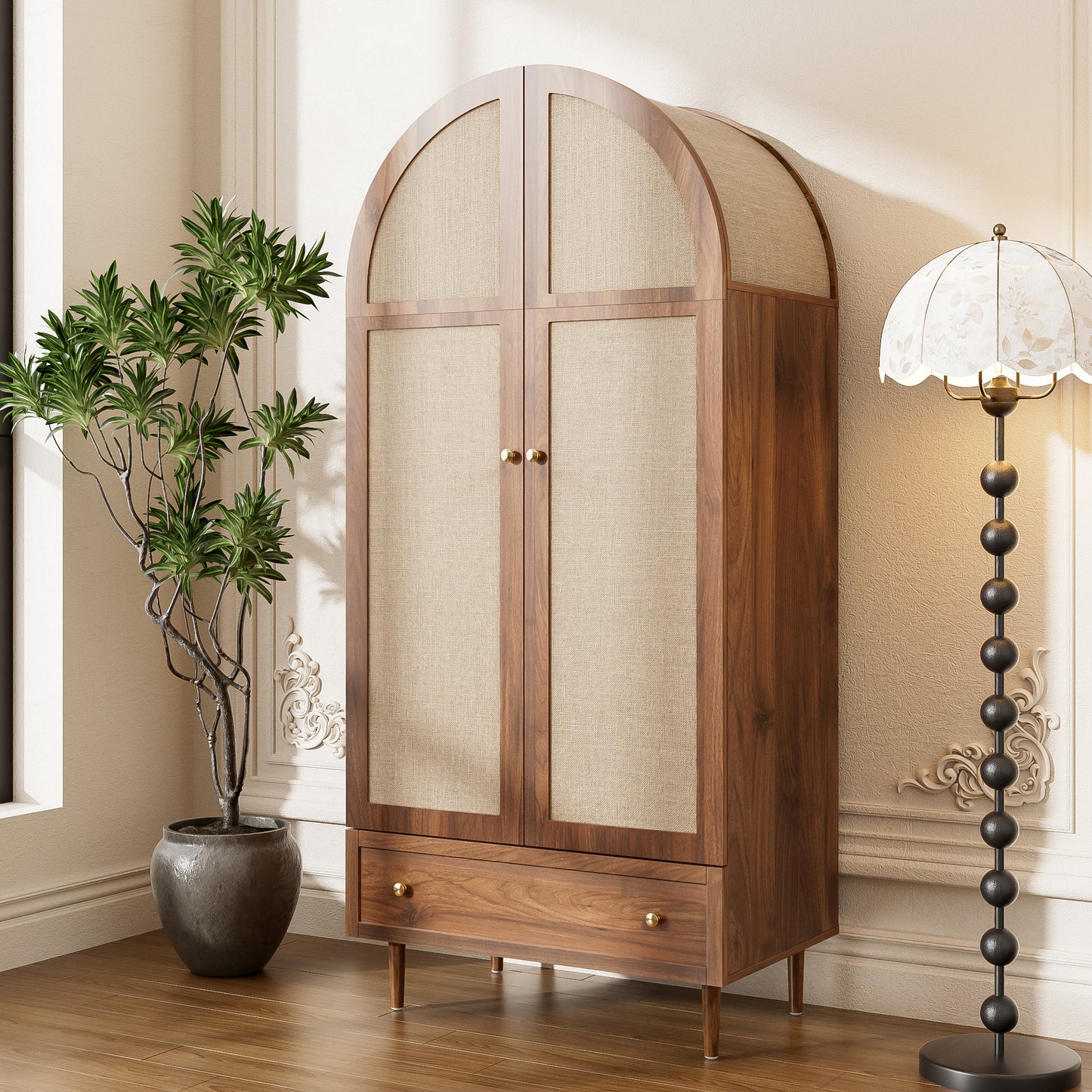 Elegant Wardrobe With Fabric Doors  Drawer, Clothes Cabinet  Walnut Look, Sturdy Wooden Legs, Practical Storage For Clothing & Accessories  Ideal For Bedroom, Guest Room Or Dressing Room