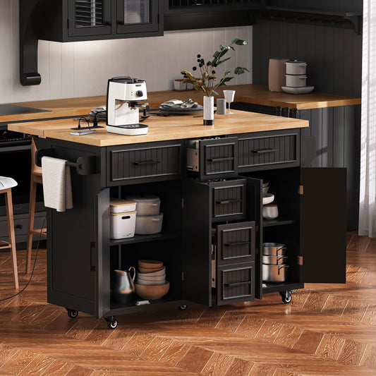 K&K 56.5   Kitchen Island With Drop Leaf, Power Outlet, Embossed Vertical Stripe Rolling Kitchen Cart On Wheels With 4 Doors , 5 Deep Drawers And Adjustable Shelves, For Kitchen, Dining Room, Black