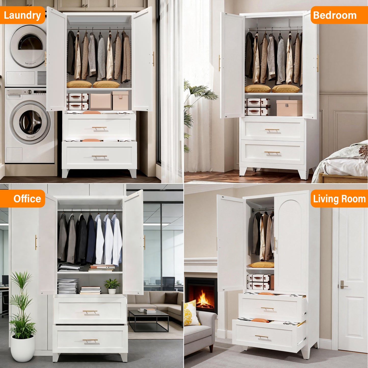 71 Tall Metal Wardrobe Cabinet With 2 Drawers And Hanging Rod, 2 Doors Wardrobe Closet With Shelf For Bedroom, Office, Laundry Room,Entryway ,Foyer,Guesthouse  White