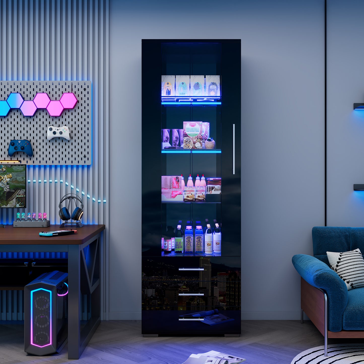 Black High Gloss Display Case, Display Cabinet Glass Display Case, Standing Display Case With LED Lighting, Vertical Display Case With 3 Drawers, 60x35x180cm
