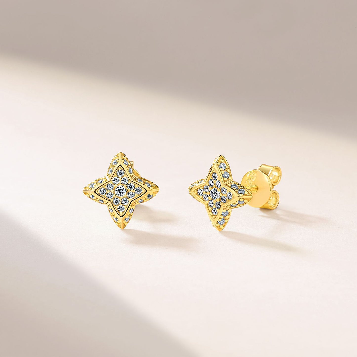 S925 Sterling Silver Four-Pointed Star Stud Earrings, D-VVS1 Moissanite Cluster, Platinum Plated 2g Women's Jewelry With Gift Box