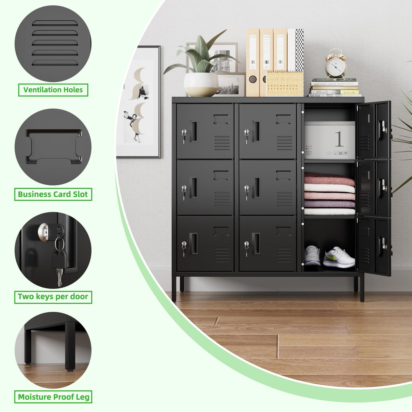 SUPEER Metal Lockers For Employees With 9 Doors,Lockable Metal Locker With Keys And Card Slot,Office Storage Locker For School Gym Home,15.79inch D X 35.51inch W X 37.8inch H,Black,Assembly Required