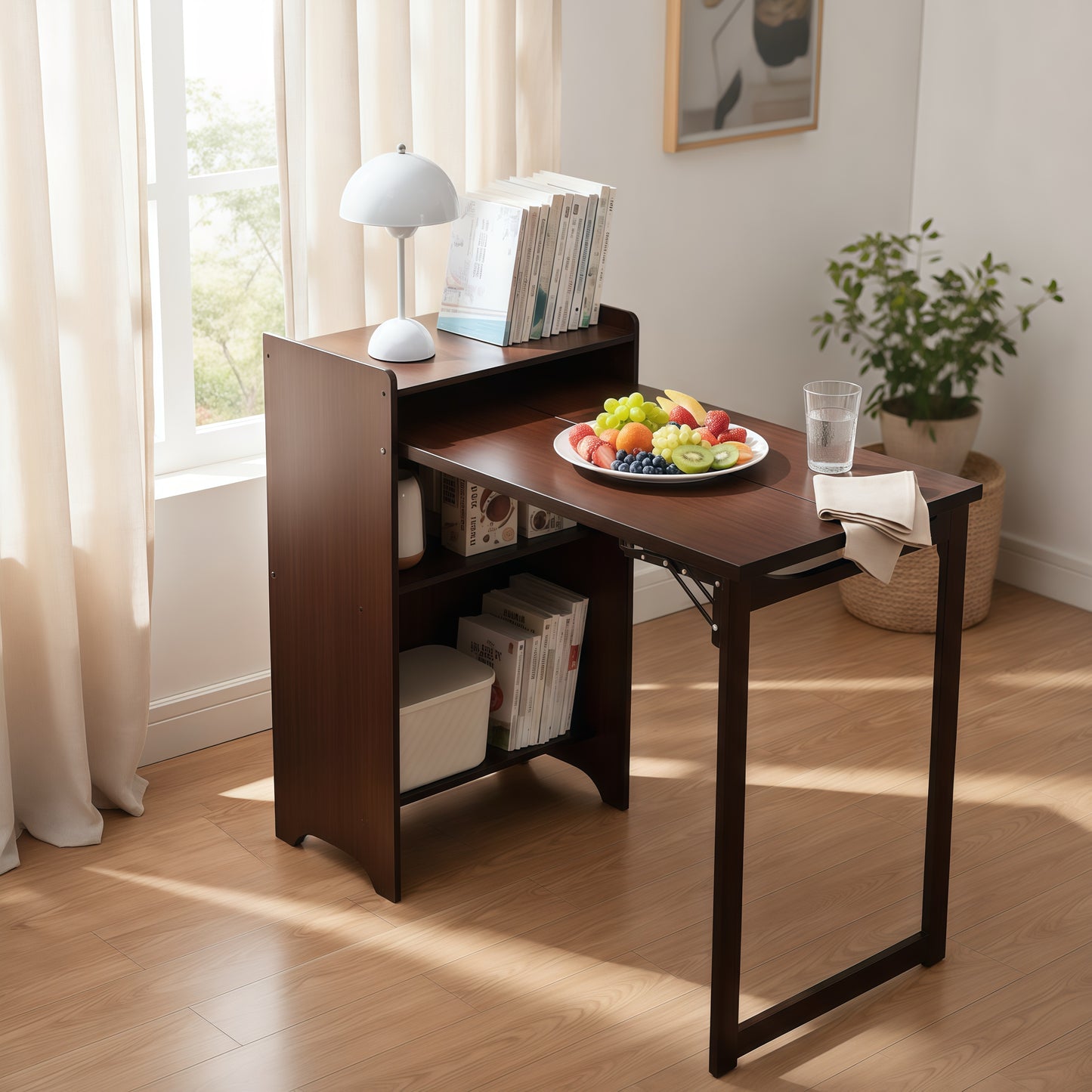 Bamboo Folding Desk, Foldable Desk For Small Space, Computer Desk With Hidden Storage, Mid Century Foldable Table For Home Office And Bedroom Walnut Brown