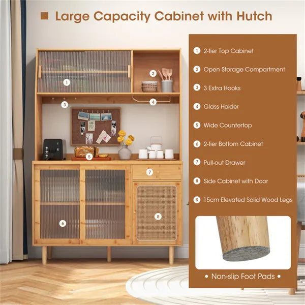 69-Inch Bamboo Kitchen Cabinet With Tempered Glass Doors, Extra Storage Space & Anti-Tilting Design