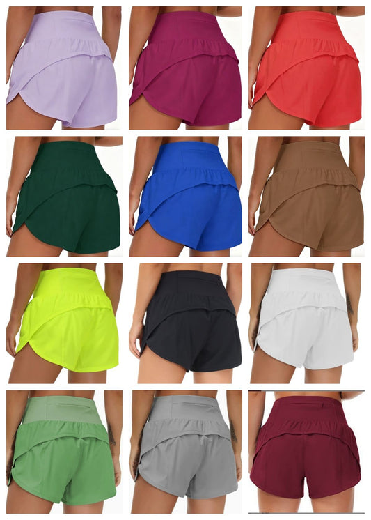 High Waisted Women's Athletic Running Shorts, Fake Two-Piece Yoga Shorts With Zipper Pockets