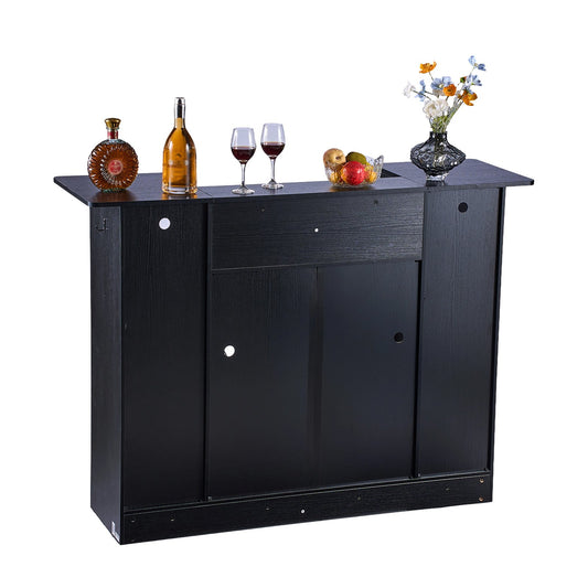 Home Bar Unit, Wine Bar Cabinet Table 4-Tier With Storage Drawer Shelves, Wine Glass Holder, Bottle Rack, LED Light, Wood & Metal Liquor Cabinet For Home, Basement, Kitchen, Living Room, Black