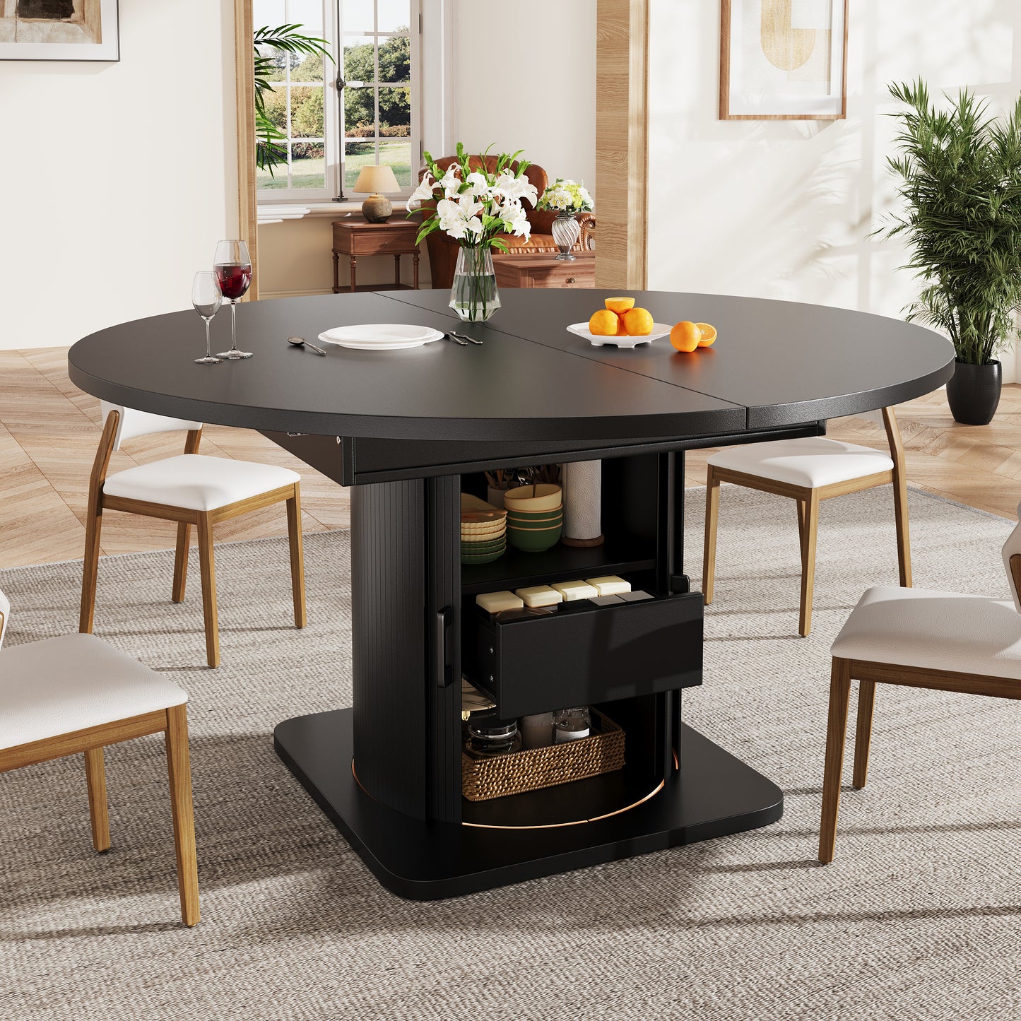 Extendable Dining Table, Dining Room Table, Kitchen Table, Round Dining Table, Extends To Oval, 118-158 Cm, Seats Up To 6 People, Dining Table With Drawers, Black