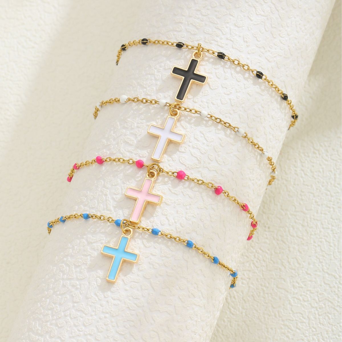Stainless Steel Cross Simple Womens Bracelet Beaded Exquisite Graduation Season Gift Jewelry