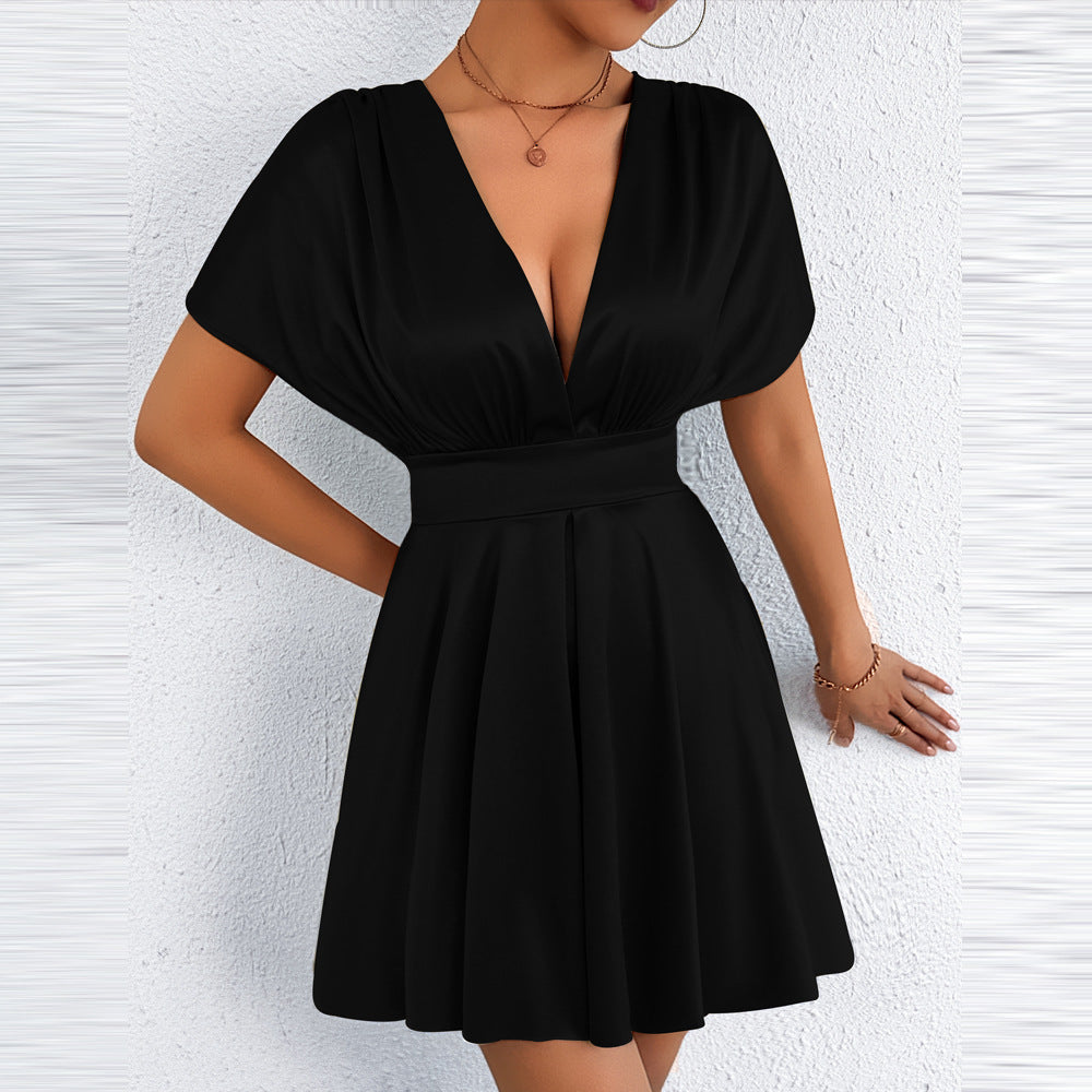 New Womens Summer V-neck Elegant Low-cut Fashionable Waist-cinching Dress