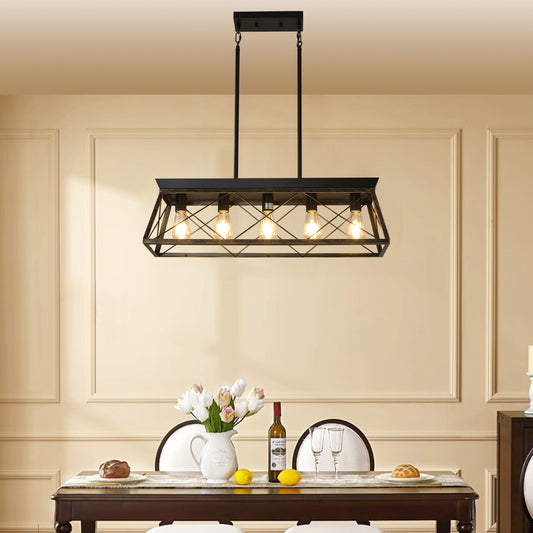 32in  Black Gold Industrial 5-Light Pendant Chandelier, Modern Metal Cage Design, Adjustable Hanging Light For Dining Room, Kitchen, Living Room  No Bulbs